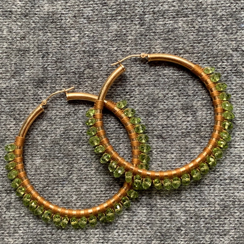 Gold plated hoop earrings-beads/silk thread accent